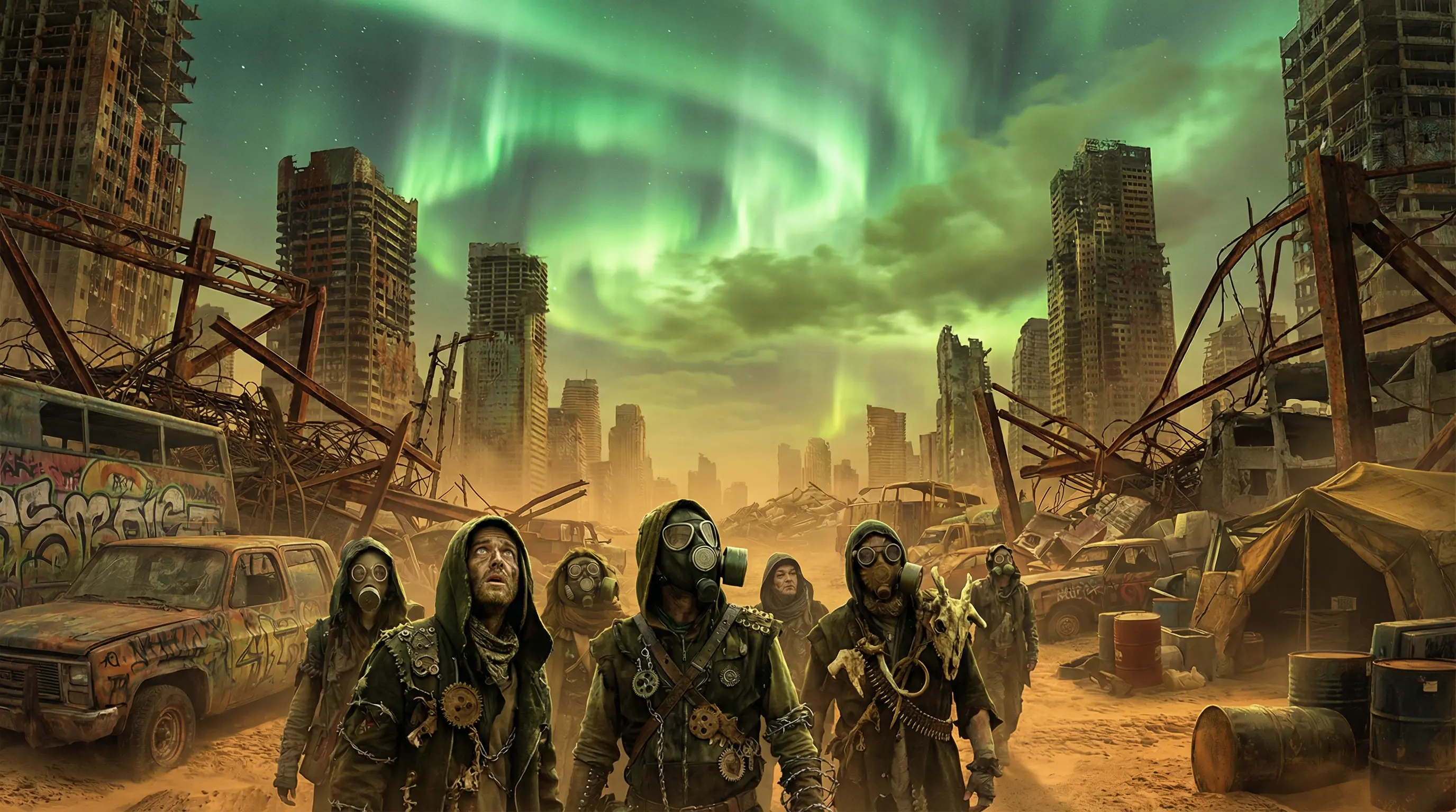 末世天空中神秘的极光与辐射云层