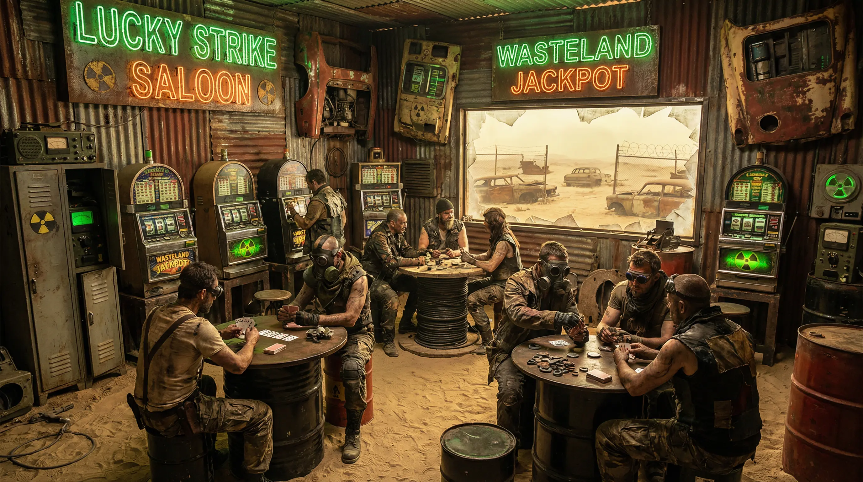 废土赌场内部由废铁搭建的老虎机和赌桌